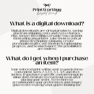 May include: A digital print advertisement with the PrintWorthyy logo. The text explains what a digital download is and what sizes are available, including A4, 2:3, 3:4, 4:5, and 11x14 inches. It also describes the benefits of digital downloads.