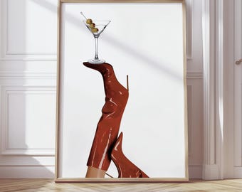 Red Stiletto Heel Martini Glass Wall Art | Glam Fashion Printable Poster | Chic Bar Cart Decor | Digital Download Sexy Home Print