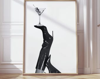 Schwarz-Weiß-Stiletto Martini Wandkunst | Poster zum Ausdrucken | Schicker Barwagen digitaler Download | Minimalistische Sexy Wohnkultur