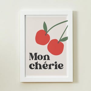 Mon Chérie Cherry Print | French Retro Wall Art | Cute Fruit Poster | Coquette Kitchen Decor | Minimal Red Cherry Art | Paris Aesthetic