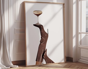 Brown Stiletto Absatz Espresso Martini Wandkunst | Poster zum Ausdrucken | Schickes Barwagen Dekor | Digital Download Home Print