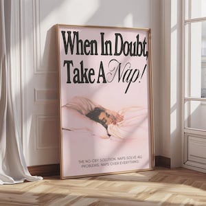 May include: A framed poster with the text "When In Doubt, Take A Nap!" in black lettering on a pink background. The image includes a person sleeping and the text "THE NO-CRY SOLUTION. NAPS SOLVE ALL PROBLEMS. NAPS OVER EVERYTHING."