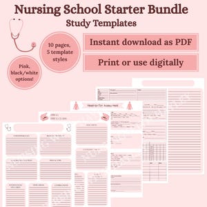 Pode incluir: Um pacote de modelos de estudo rosa e branco para estudantes de enfermagem. A imagem inclui modelos de estudo, com o texto "Nursing School Starter Bundle Study Templates", "Instant download as PDF", e "Print or use digitally".
