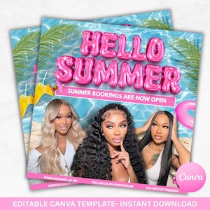 Può includere: Un volantino estivo rosa e blu con la scritta "HELLO SUMMER" in grandi lettere a bolle rosa. Il volantino presenta tre donne e la scritta "SUMMER BOOKINGS ARE NOW OPEN". La parte inferiore del volantino dice "EDITABLE CANVA TEMPLATE - INSTANT DOWNLOAD".