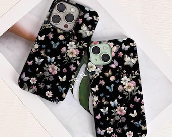 Black Flowers Phone Case for New 17 Series, 17Air iPhone 16 15 14 13 12 Pro Max, 15 Plus 14 Plus, 13 12 Mini, X XS XR SE Slim/Tough Cover