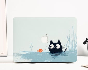Adorable coque macbook chat et poisson pour MacBook Air 13/11/15, Macbook Pro 13/14/15/16 pouces M2 M3 M4 A3240, coque esthétique pour ordinateur portable Macbook 2024 2025