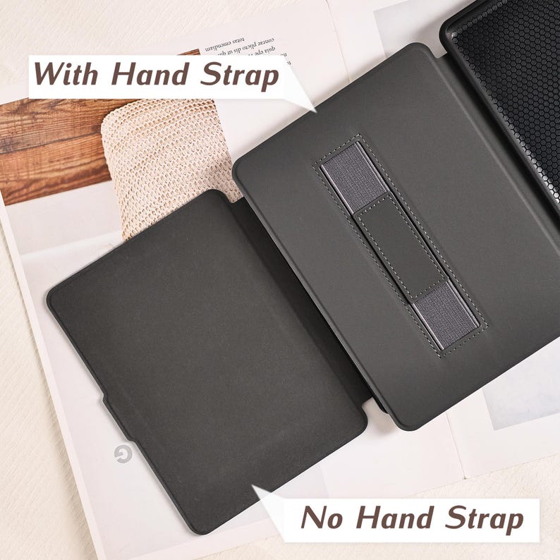 May include: A black e-reader case shown in two configurations: one side features a gray elastic hand strap for secure holding, while the other side is a plain black interior surface. The text "With Hand Strap" and "No Hand Strap" is visible.