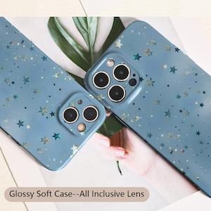 May include: Two blue phone cases with a glossy finish and a star pattern. The cases have camera cutouts and the text "Glossy Soft Case--All Inclusive Lens".
