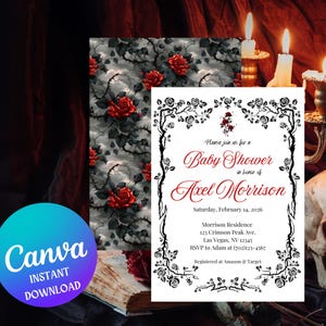 May include: A white baby shower invitation with black gothic-style floral borders. The invitation reads "Please join us for a Baby Shower in honor of Axel Morrison, Saturday, February 14, 2026, Morrison Residence, 123 Crimson Peak Ave., Las Vegas, NV 12345, RSVP to Adam at (202)823-4567, Registered at Amazon & Target".