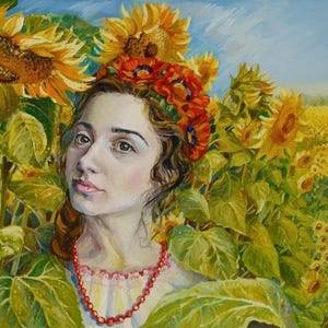 Ukrainian woman, original painting oil on the stretched canvas for interior design and decoration, handmade wallart gemälde leinwand malerei