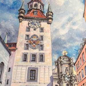Münchens Altes Rathaus em papelão pintura original para design de interiores e decoração, arte de parede feita à mão gemälde auf leinwand malerei
