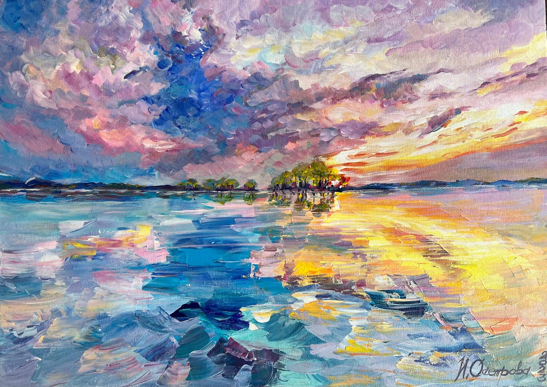 Sunset Lake Acrylic Painting on Canvas (50x70 Cm) - Etsy