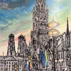 Das Neue Rathaus em Munique em papelão pintura original para design de interiores e decoração feita à mão wallart gemälde auf leinwand malerei