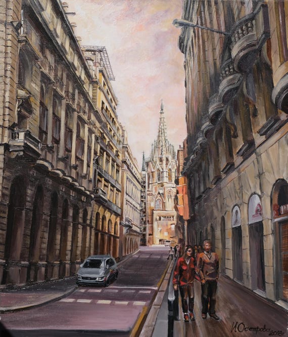 バルセロナ・ゴシック地区の絵画：オリジナルアクリルキャンバスアート 
