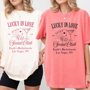 Lucky in Love Bachelorette Shirt, Custom Las Vegas Bride Tee, Vegas Girls Trip Shirt, Personalized Bridal Party Top, Casino Social Club Tee