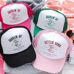 Settlin Down & Saddlin Up Hats, Bachelorette Party Trucker Hat, Country Custom Bridal Party Snapback, Bride Squad Cap, Nashville Bach Hats