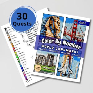 Sites d&#39;intérêt à colorier par numéro, coloriage mosaïque mystère à imprimer, fond blanc, activité relaxante pour adultes et adolescents