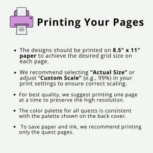 May include: A graphic with the title "Printing Your Pages" and a purple printer icon. Instructions advise printing designs on 8.5" x 11" paper, using "Actual Size" or a custom scale, and printing one page at a time for best quality.