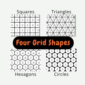 May include: An educational graphic with four grid shapes: squares, triangles, hexagons, and circles. Each shape contains numbers within its cells. The title "Four Grid Shapes" is in orange text on a black background.