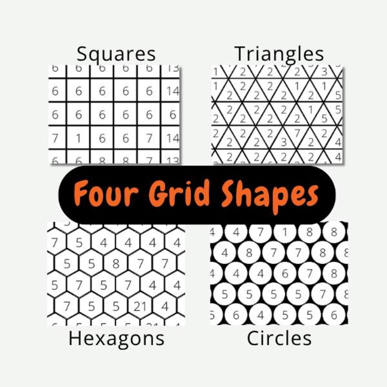 May include: An educational graphic with four grid shapes: squares, triangles, hexagons, and circles. Each shape contains numbers within its cells. The title "Four Grid Shapes" is in orange text on a black background.