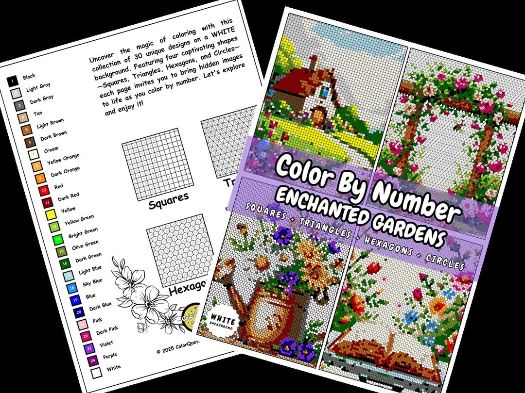 30 Enchanted Gardens Color by Number Printable Mystery Mosaic Coloring ...