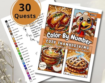 May include: A set of colouring pages with a Thanksgiving theme. The book cover reads "Color By Number Cozy Thanksgiving" with images of a turkey, pie, and soup. A colour key with 30 quests is on the left.