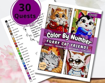 May include: A stack of colouring books titled "Color By Number Furry Cat Friends" with images of pixelated cats. The book features squares, triangles, hexagons, and circles. A sheet with colour swatches and the text "30 Quests" is also visible.
