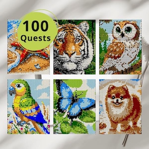 100 mosaicos misteriosos para colorear por números de Animal Quest para aliviar el estrés en 4 formas: cuadrados, triángulos, hexágonos y círculos (descarga digital)