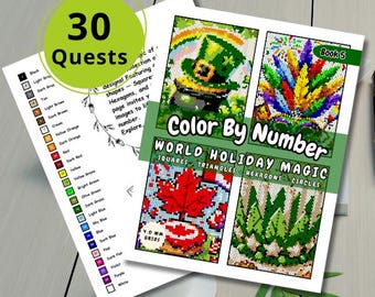 Op de afbeelding: Een stapel kleurboeken met de tekst "Color By Number World Holiday Magic" en "30 Quests". Het boek bevat gepixelde afbeeldingen van een leprechaun-hoed, veren, een esdoornblad en planten. Een kleurensleutel staat links.