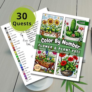 Puede incluir: Un conjunto de libros para colorear titulados "Color By Number Flower & Plant Pots" con imágenes de flores y cactus. Los libros incluyen una clave de color y el texto "30 Quests".