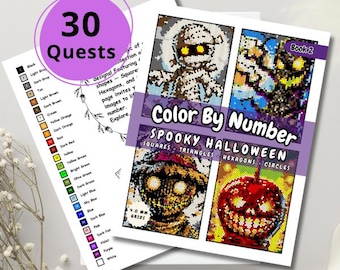 Spooky Halloween Color By Number Mosaic | Geometric Quest, Kids Adult Coloring Pages (Digital Download)