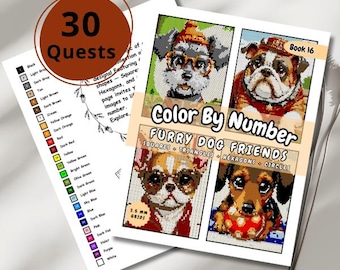 May include: A "Color By Number" book titled "Furry Dog Friends" with images of dogs, featuring squares, triangles, hexagons, and circles. Includes a color key with 30 quests and a book 16 label.