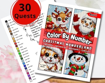 May include: A stack of Christmas-themed coloring books with the title "Color By Number Christmas Wonderland." The books feature images of a reindeer, Santa Claus, a puppy, and a snowman. A page with color swatches and the text "30 Quests" is also visible.