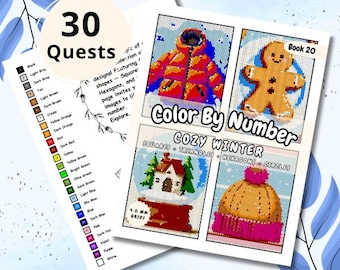 May include: A stack of coloring books with the text "Color By Number" and "Cozy Winter." The books feature pixelated images of a winter coat, gingerbread man, house, and hat. A color key and the words "30 Quests" are also visible.