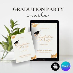 Plantilla de invitación para fiesta de graduación / Invitación editable en Canva / Clase de 2025 / Anuncio de graduación de secundaria imprimible