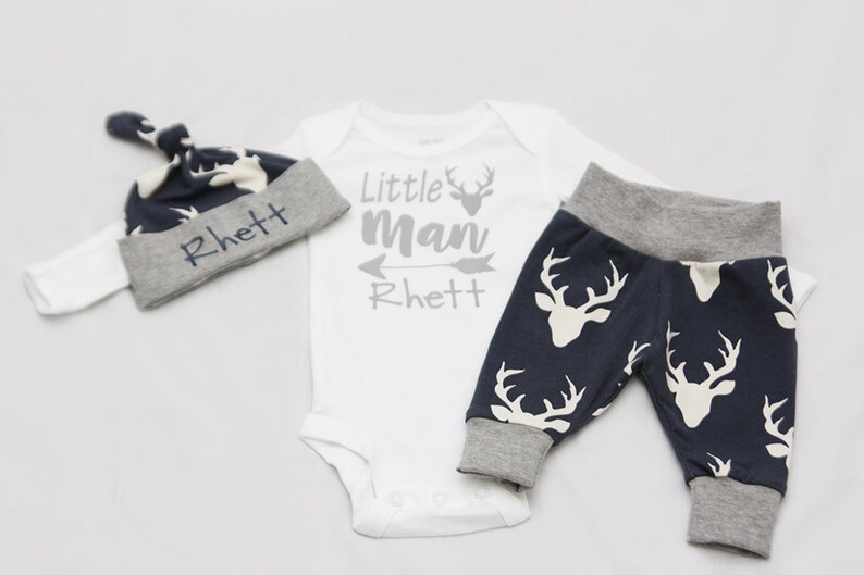 and Shirt Deer Newborn Coming Home Outfit Little Man baby shower gift,- Jersey knit Leggings baby boy coming home outfit Knot Hat