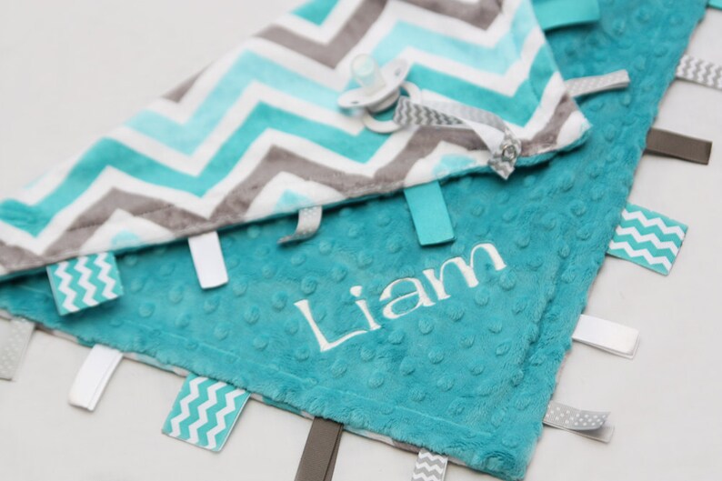 Grey and Teal Chevron MINI Baby Ribbon Tag Blanket Minky Binky Blankie