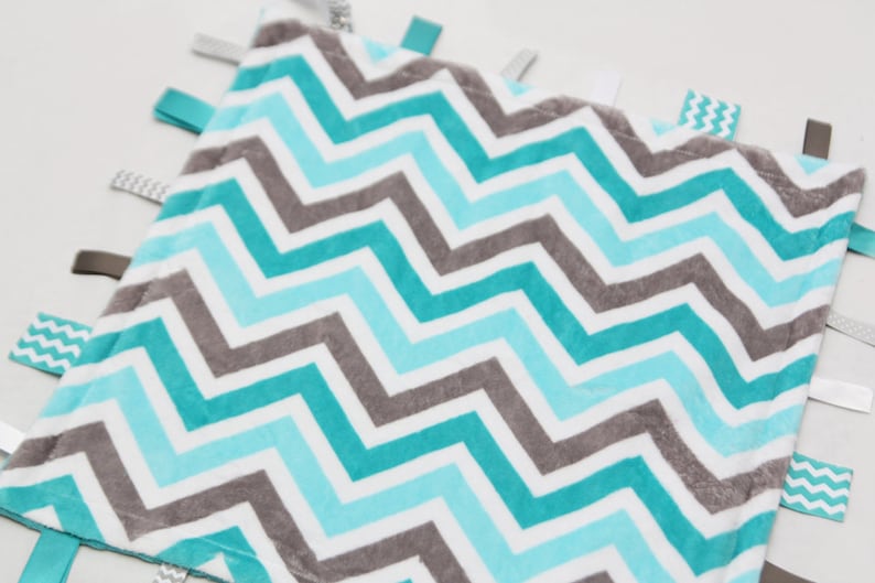 Grey and Teal Chevron MINI Baby Ribbon Tag Blanket Minky Binky Blankie