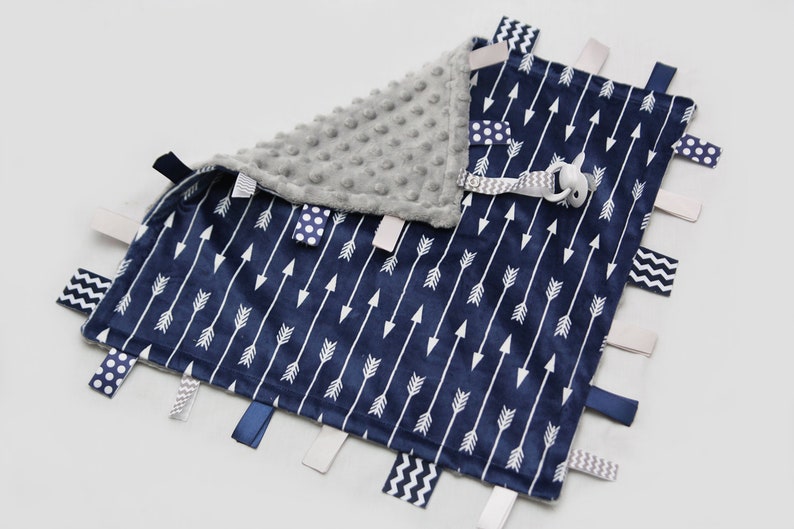 Navy and White Arrows with Grey Baby Ribbon Tag Blanket Minky Binky Blankie