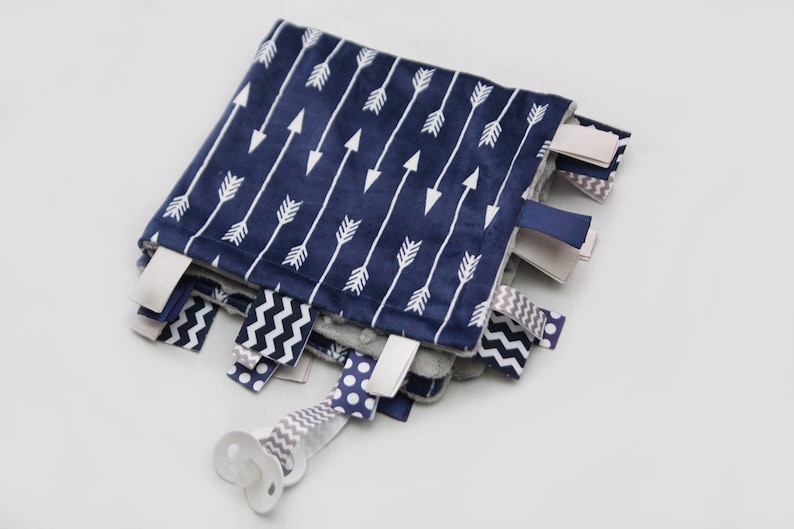 Navy and White Arrows with Grey Baby Ribbon Tag Blanket Minky Binky Blankie