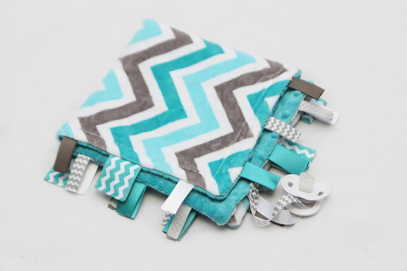 Grey and Teal Chevron MINI Baby Ribbon Tag Blanket Minky Binky Blankie