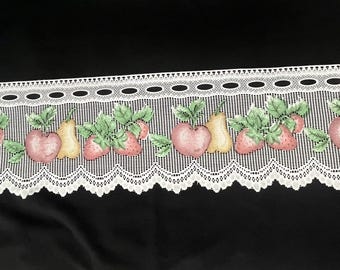 Vintage White Crocheted Lace Valance, Colored Fruits