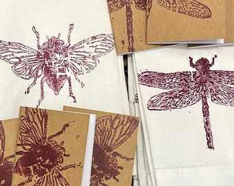 Block Printed Insect Nature Tea Towels and Journal Booklets Butterfly Dragonfly Cicada, Handmade by Licia Lucas-Pfadt