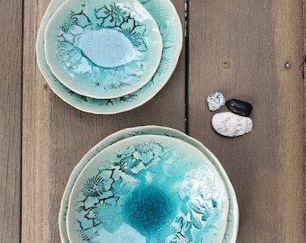 Ceramic Trinket Dish in Aqua Sea Green Crackle Glaze Floral Pattern Home Decor Three Sizes, Handmade Artisan Pottery by Licia Lucas Pfadt