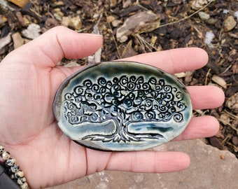 Ceramic Tree of Life Oval Trinket Dish, Blue and Black, Woodland Simple and Tiny Gift Idea, Handmade Artisan Pottery by Licia Lucas Pfadt