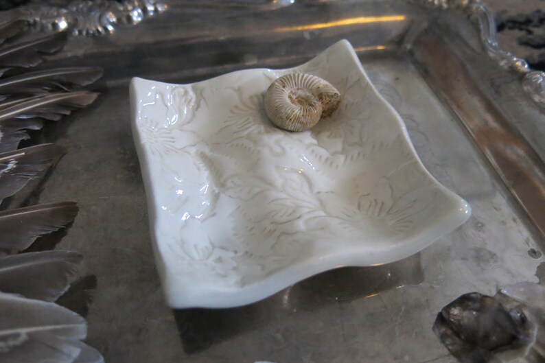 White Ceramic Trinket Dish, Egg Tray, Spice Bowl, Jewelry, Floral Textured with Four Sections, Handmade Artisan Pottery by Licia Lucas Pfadt image 3