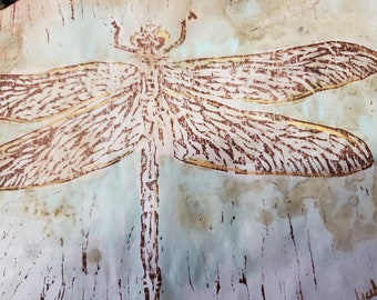 Damselfly Block Print on Paper Naturally Dyed with Leaf Prints, 8x5 inches, Insect Dragonfly Entomology, Wildcraft Art by Licia Lucas Pfadt