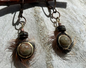 Galaxy Feather Earrings With Jasper, 1.5 inches long, Handmade Nature Jewelry by Licia Lucas Pfadt