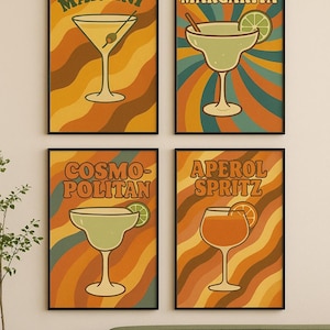 Retro Cocktail Poster Set - Martini, Margarita, Cosmo, Aperol Spritz | Printable Wall Art (Digital Download)