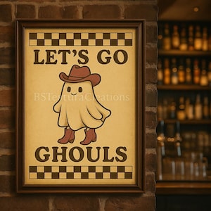 Let’s Go Ghouls Printable Wall Art – Retro Halloween Cowboy Ghost Sign, Western Halloween Bar Decor, Digital Download